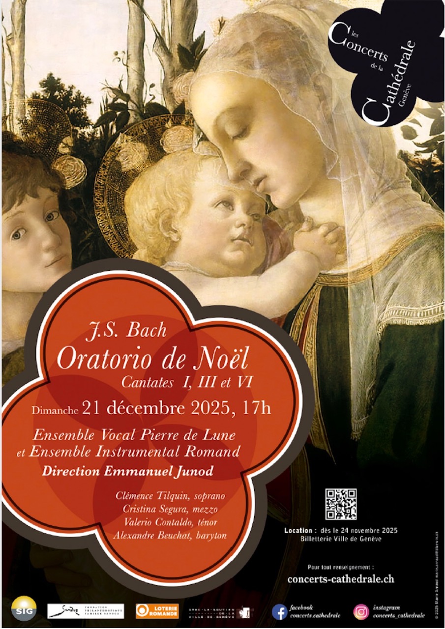 J. S. Bach : Oratorio de Noël BWV 248, cantates I, III et VI
Ensemble Instrumental Romand
Clémence Tilquin, soprano
Cristina Segura, mezzo-soprano
Valerio Contaldo, ténor
Alexandre Beuchat, baryton
Direction : Emmanuel Junod